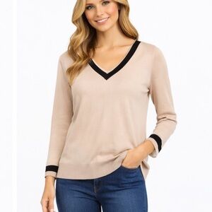 The Loft VNeck Beige & Black Trim Elegant Sweater Size‎ XS